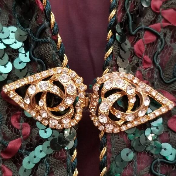 VTG Lacey Sequin Jacket Union Tag Sz L Red Green Retro Elegant MOB Festive Glam - Picture 7 of 11